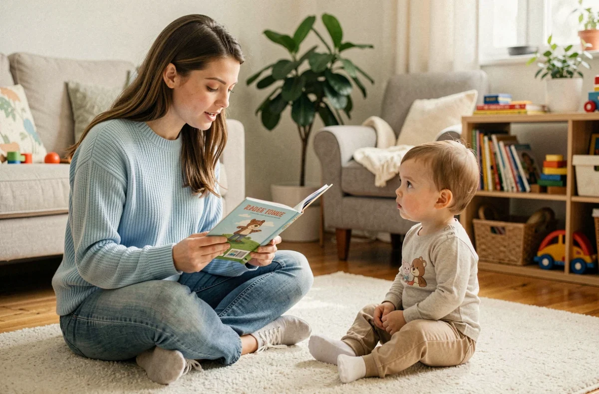 Jeune étudiante faisant du baby-sitting, lisant un livre illustré à un enfant en bas âge dans un salon chaleureux