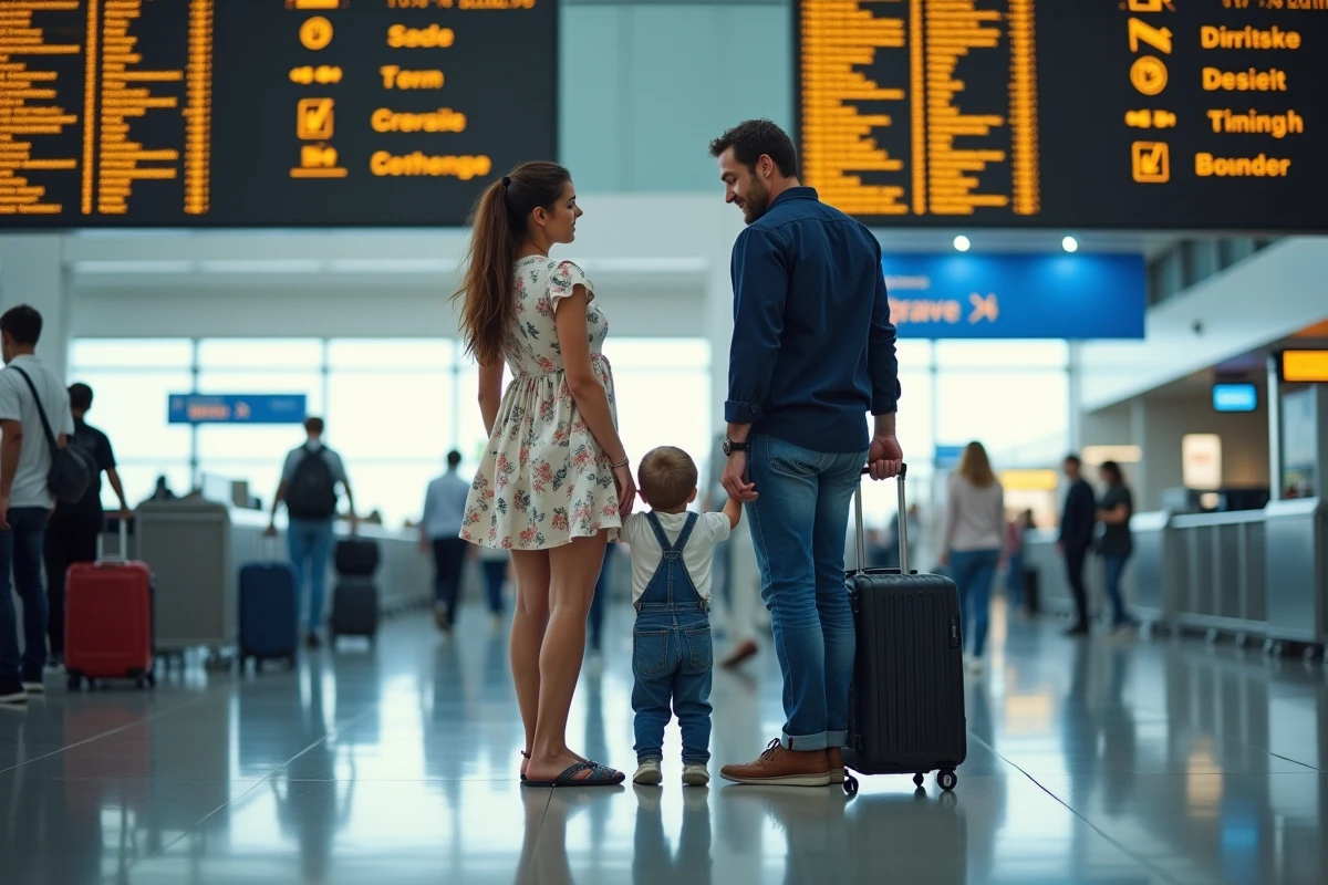 Famille avec un jeune enfant dans un aéroport regardant les départs, illustrant l'absence à l'école maternelle pour un voyage