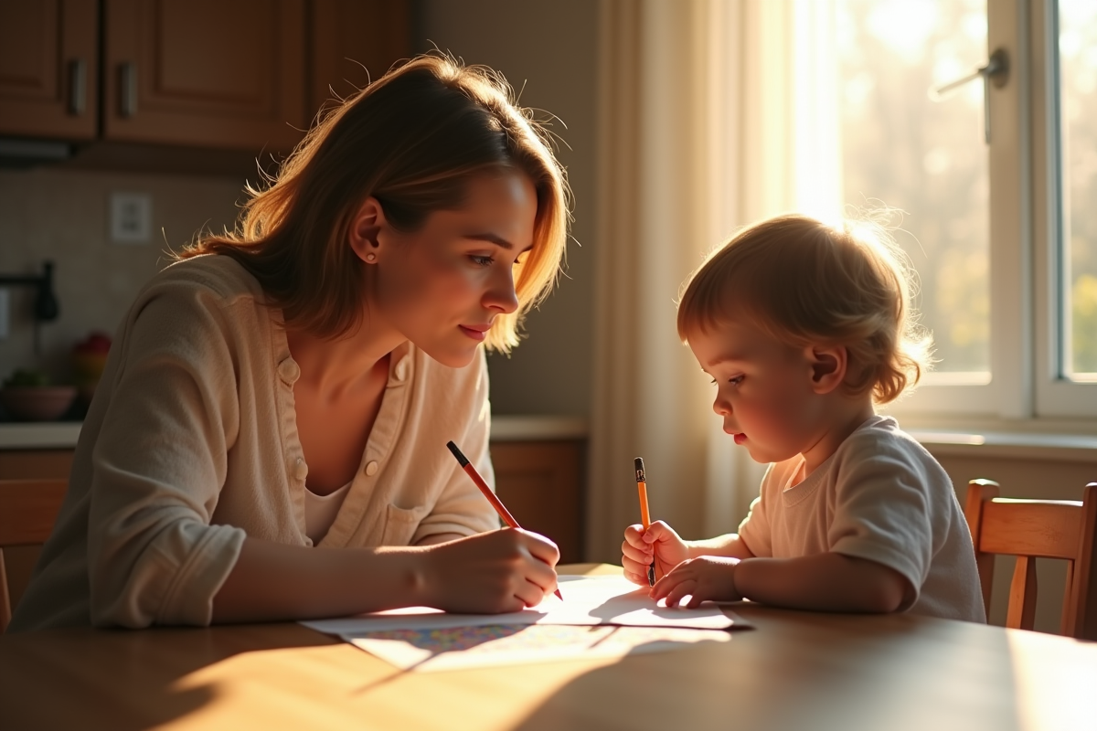 Mère regardant son enfant dessiner à la maison