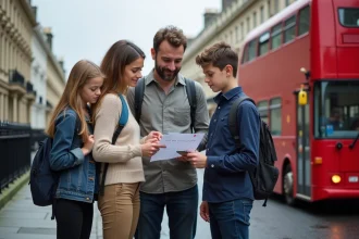 Famille française avec enfants scolarisés consultant un calendrier des vacances scolaires devant un bus rouge londonnien