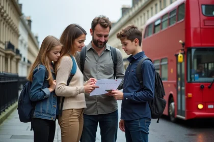 Famille française avec enfants scolarisés consultant un calendrier des vacances scolaires devant un bus rouge londonnien