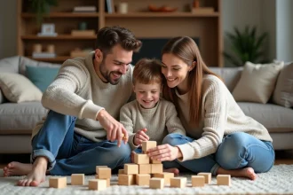 Enfant de 10 ans jouant avec ses parents dans le salon