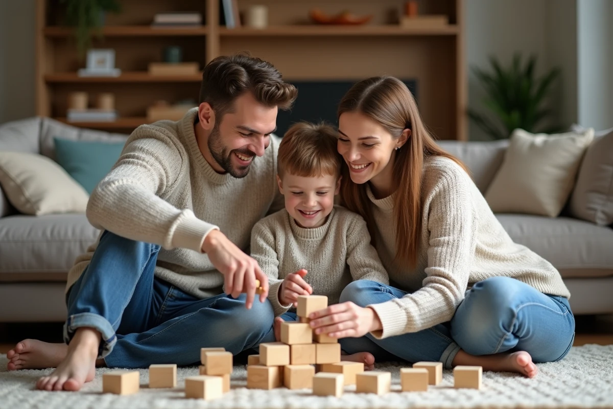 Enfant de 10 ans jouant avec ses parents dans le salon