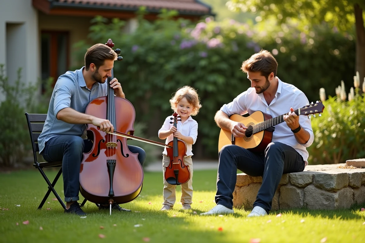 Famille jouant de la musique dans le jardin en plein air