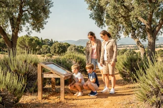 Famille avec enfants explorant un parc nature près de Toulouse, activité plein air à moins de 30 minutes du centre