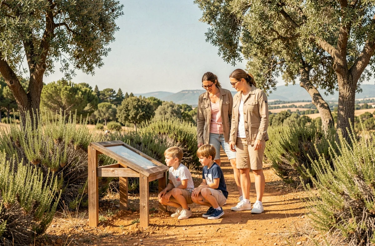 Famille avec enfants explorant un parc nature près de Toulouse, activité plein air à moins de 30 minutes du centre