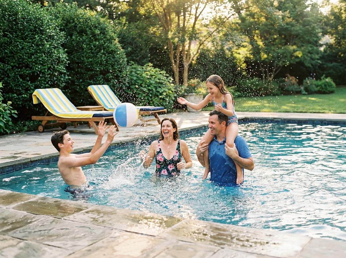 Famille s'amusant ensemble dans une piscine de jardin le week-end en été