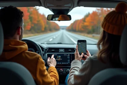 Famille en voiture sur l'autoroute pendant les vacances scolaires d'octobre, consultant le GPS pour éviter les embouteillages