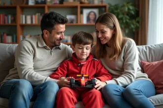 Jeune garçon en combinaison de course avec ses parents dans le salon
