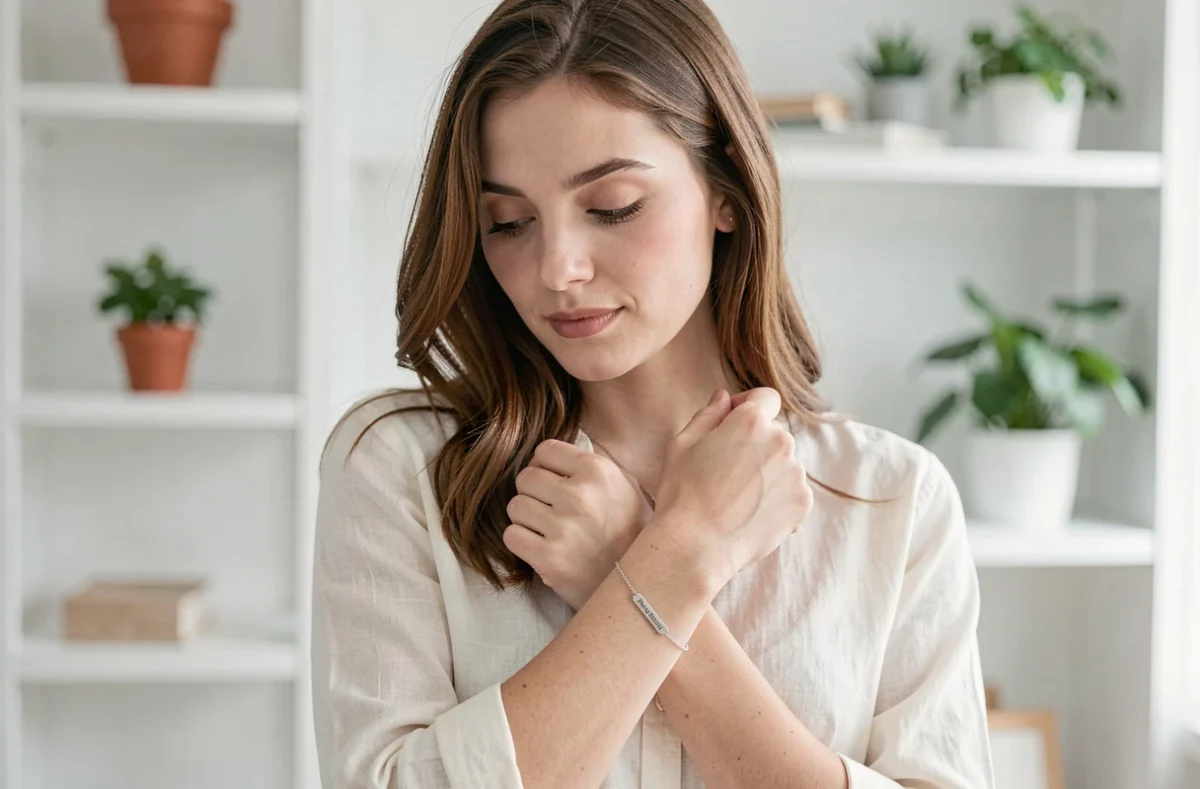 Jeune femme adulte portant sa gourmette de baptême en argent gravée au poignet avec émotion
