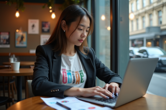 Jeune femme analysant des statistiques de films au café