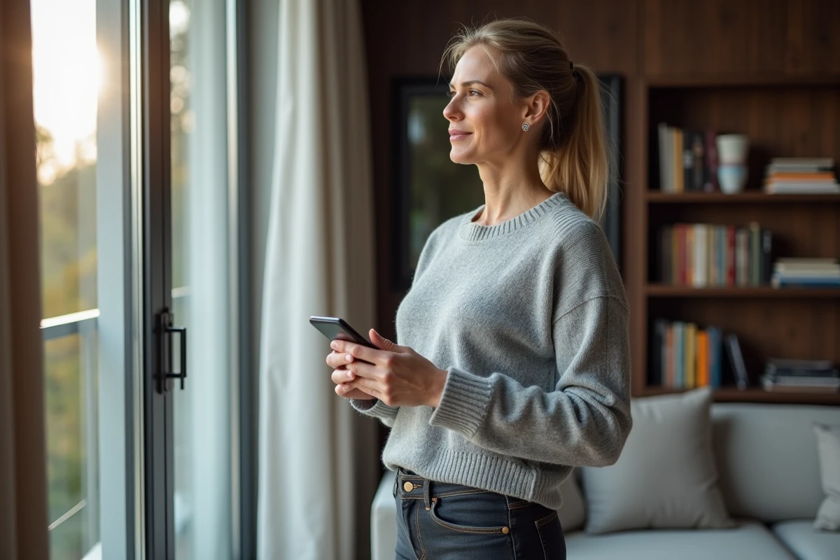 Femme songeuse dans un appartement moderne tenant son téléphone, expression réservée évoquant la protection de la vie privée de son couple