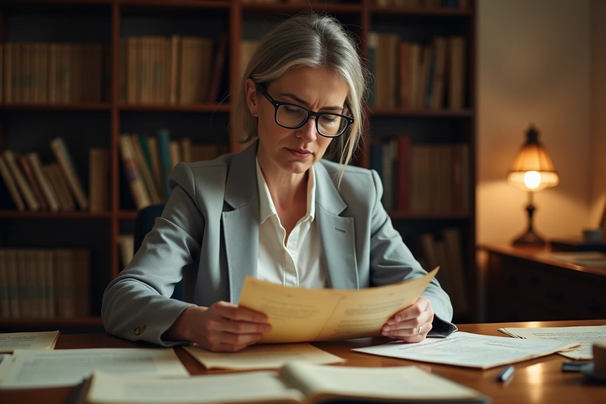 Femme consultant d'anciens registres d'état civil pour retracer un nom de famille modifié dans les archives généalogiques