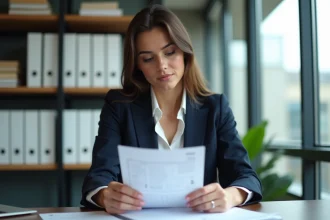 Femme en blazer regardant sa fiche de paie au bureau