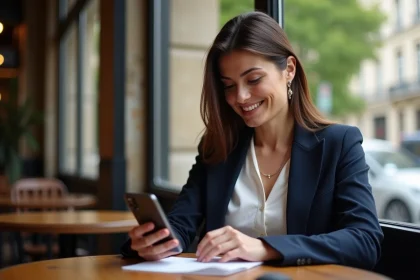 Femme en blazer navy dans un caf&eacute; parisien