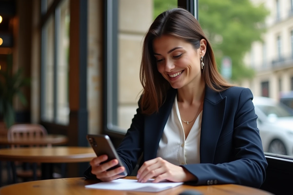 Femme en blazer navy dans un café parisien
