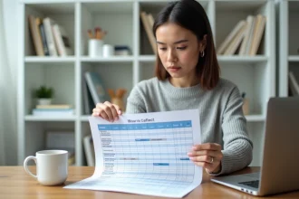 Femme consultant un calendrier Excel 2026 avec semaines paires et impaires imprimé sur son bureau en bois