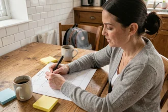 Femme planifiant le calendrier semaine paire et impaire 2026 sur un grand calendrier papier dans une cuisine familiale