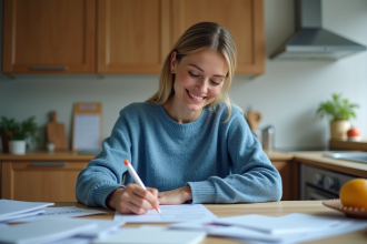 Femme souriante remplissant un formulaire de changement d'adresse à la maison