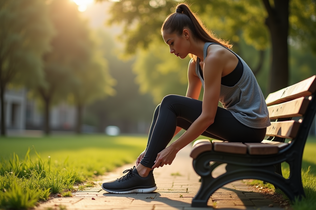Femme sportive attachant ses chaussures dans un parc au matin