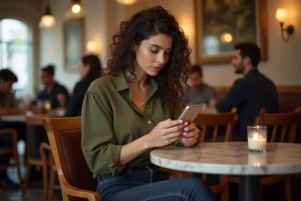 Femme parcourant son téléphone dans un café parisien avec une expression intriguée, illustrant la curiosité des internautes