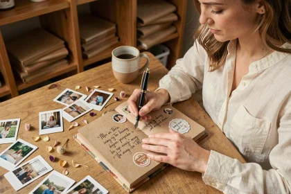 Jeune femme écrivant des citations d'enfance dans un album souvenir artisanal avec un stylo plume vintage
