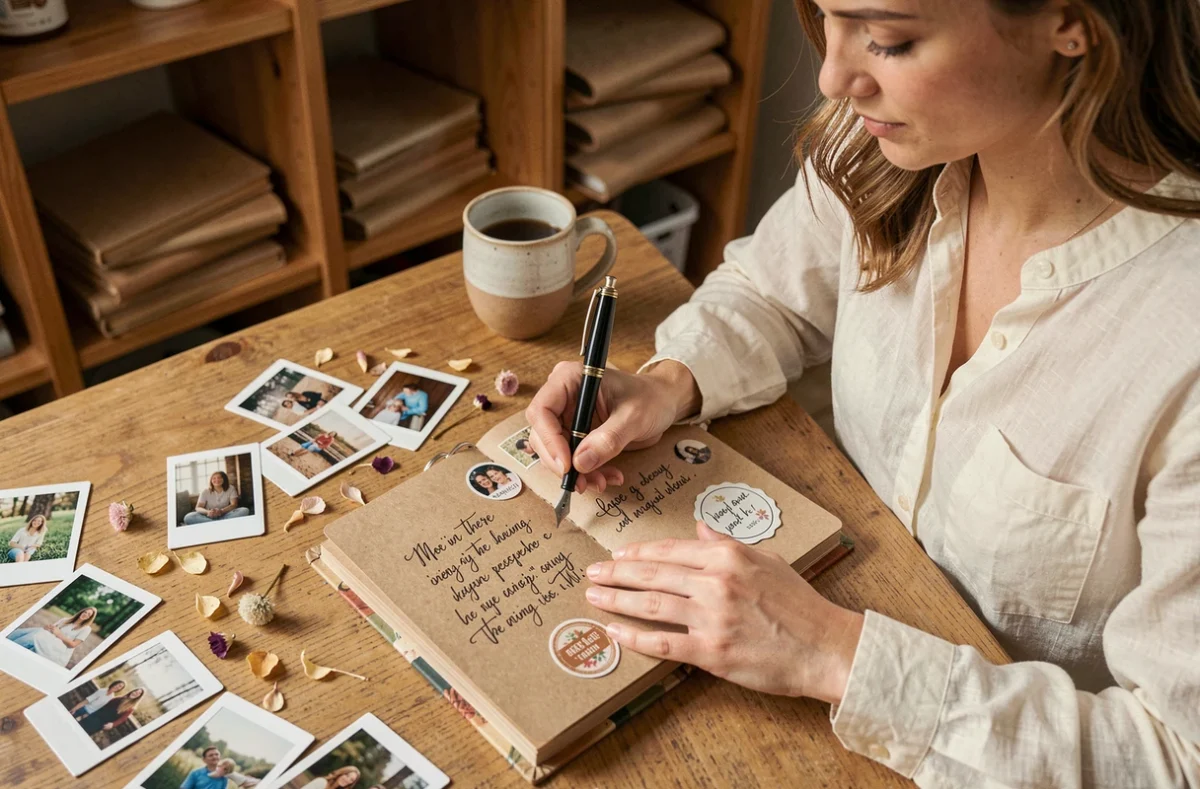 Jeune femme écrivant des citations d'enfance dans un album souvenir artisanal avec un stylo plume vintage