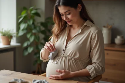 Femme enceinte polissant un collier bola en argent dans un salon cosy