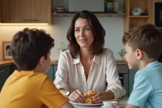 Femme et enfants autour d'une table de cuisine chaleureuse