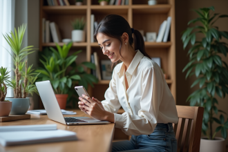 Jeune femme au bureau à domicile utilisant son smartphone