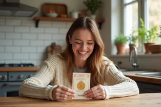 Femme qui gratte un jeu à gratter personnalisé avec une pièce dans une cuisine rustique, expression de surprise joyeuse