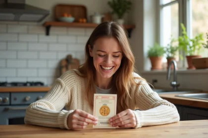 Femme qui gratte un jeu à gratter personnalisé avec une pièce dans une cuisine rustique, expression de surprise joyeuse