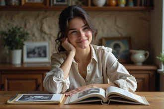 Jeune femme regardant des albums photo en famille
