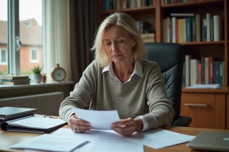 Femme organisée examinant des documents officiels dans un bureau