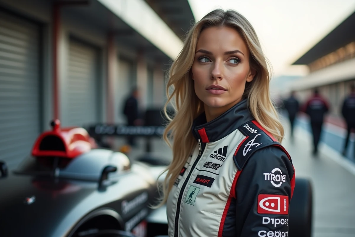 Une femme pilote de course en veste de compétition dans un paddock automobile, symbole d'une carrière et d'une vie partagées dans l'univers du sport mécanique