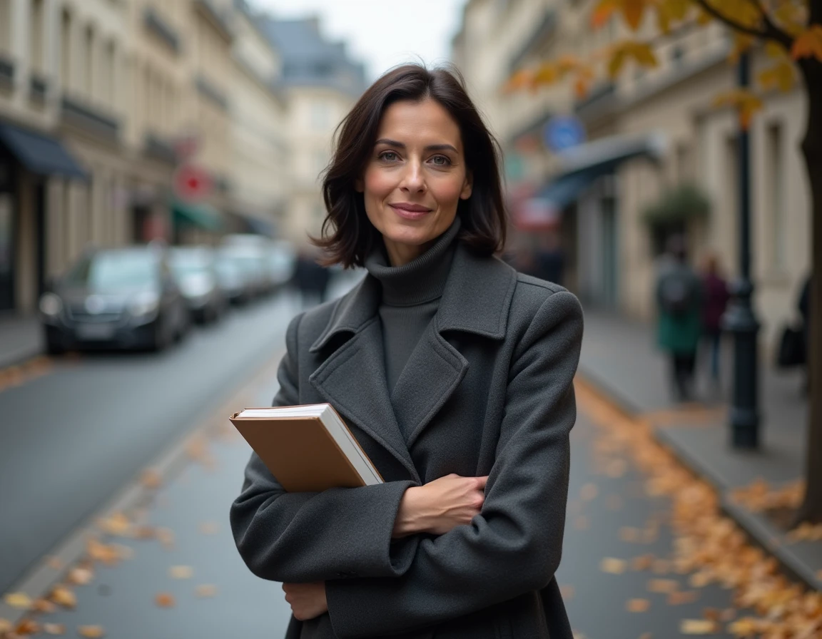 Femme à l'allure assurée dans une rue parisienne en automne, portrait illustrant le thème des personnalités méconnues et des histoires familiales