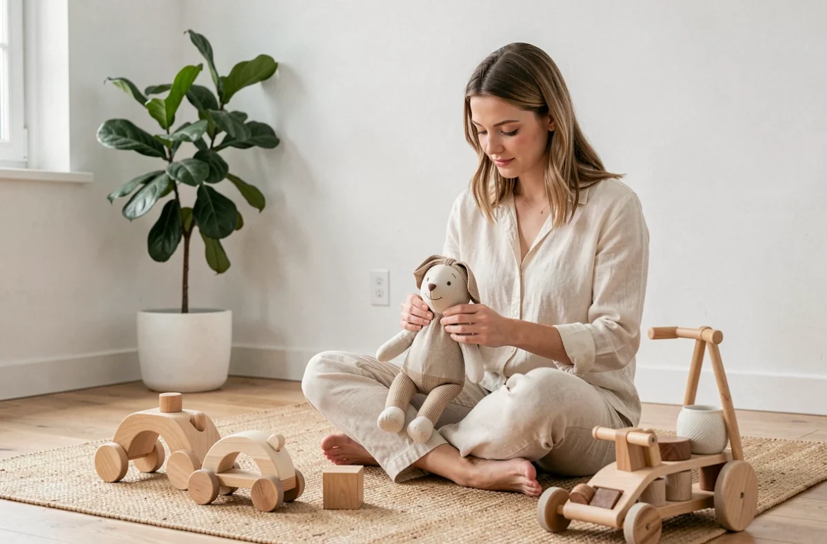 Jeune femme examinant une poupée artisanale écologique entourée de jouets en bois et tissu biologique dans un intérieur scandinave minimaliste
