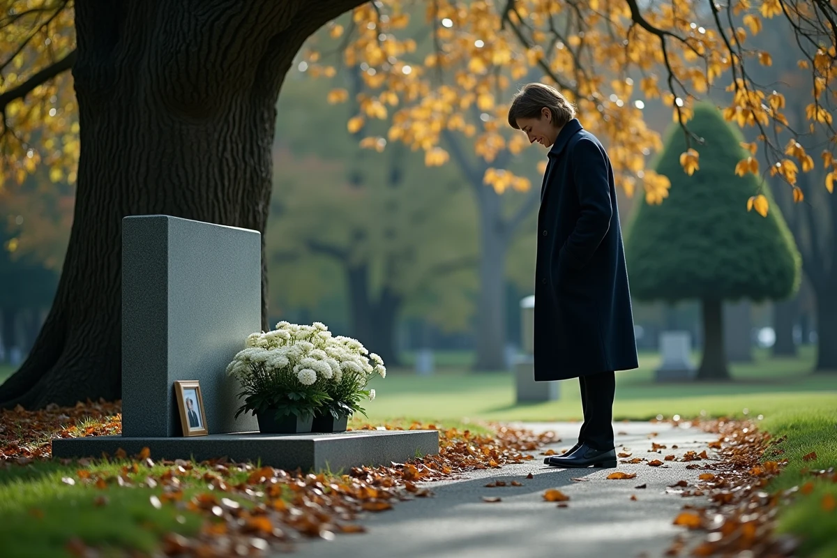 Femme en deuil recueillie devant une tombe fleurie de chrysanthèmes blancs lors d'un hommage à son grand-père