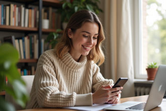 Jeune femme souriante avec smartphone dans un intérieur cosy