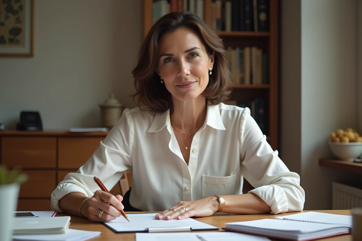 Femme signant un document dans un intérieur calme