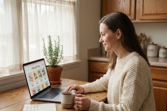 Femme parcourant un site de cadeaux en ligne sur un ordinateur portable dans une cuisine chaleureuse, préparant les anniversaires en famille