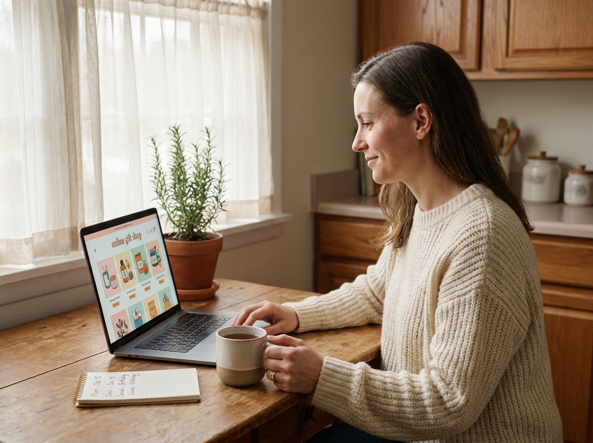 Femme parcourant un site de cadeaux en ligne sur un ordinateur portable dans une cuisine chaleureuse, préparant les anniversaires en famille