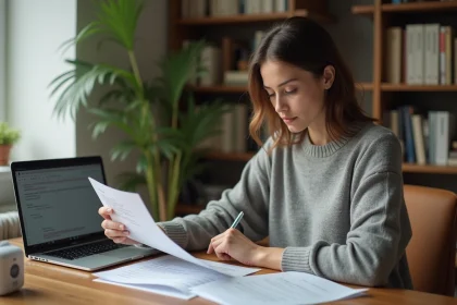 Femme en télétravail relisant une lettre de renouvellement de congé parental à son bureau à domicile