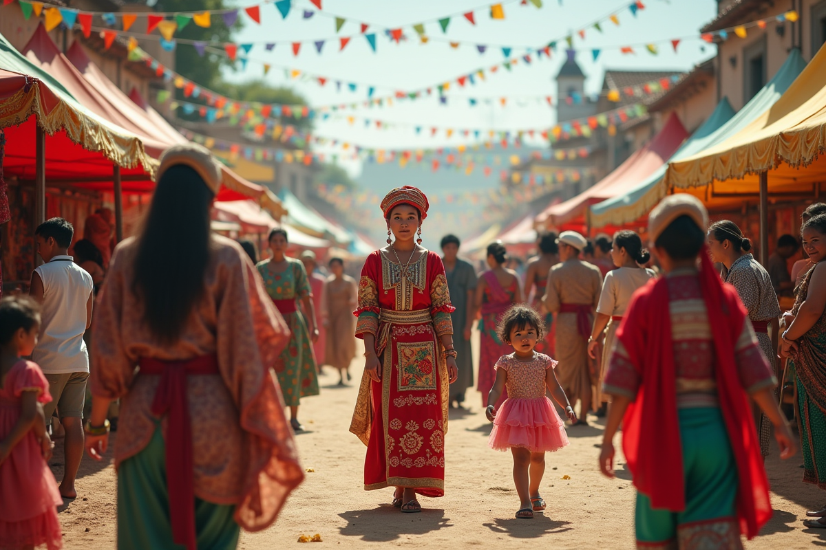 Festival en plein air avec personnes en tenues traditionnelles