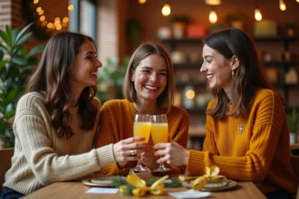 Trois jeunes femmes fêtant la Sainte Catherine autour d'une table décorée avec des rubans et des cartes de vœux dans un café chaleureux