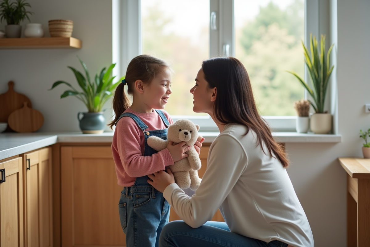 Fille de 6 ans pleurant près de la fenêtre de la cuisine