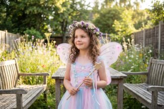 Petite fille déguisée en fée dans un jardin fleuri, stimulant son imagination grâce au jeu de déguisement