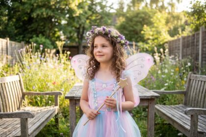 Petite fille déguisée en fée dans un jardin fleuri, stimulant son imagination grâce au jeu de déguisement
