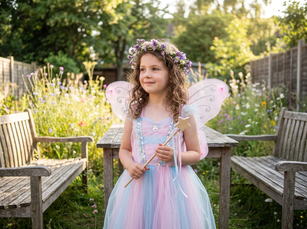 Petite fille déguisée en fée dans un jardin fleuri, stimulant son imagination grâce au jeu de déguisement