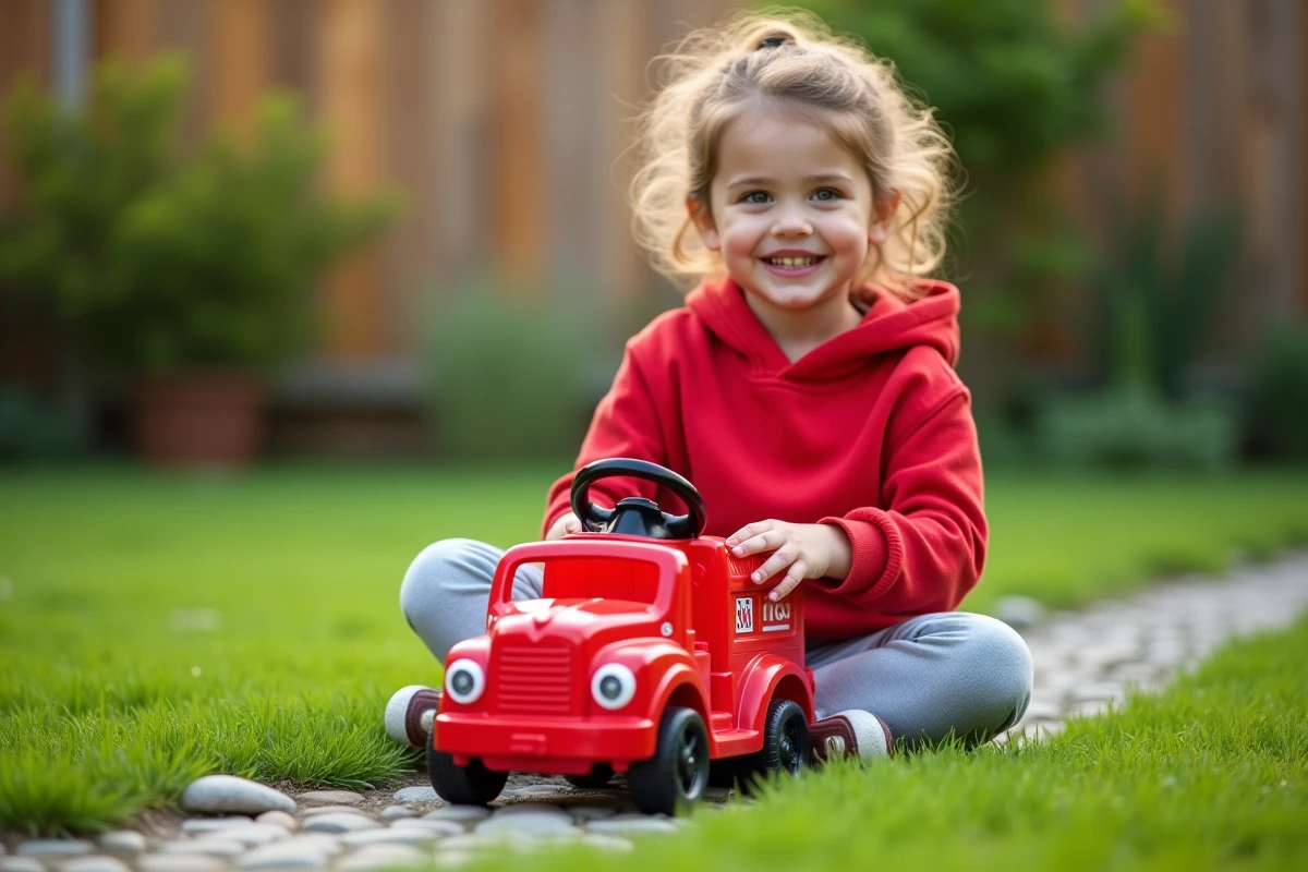 Fille de 6 ans conduisant un camion de pompiers en plastique